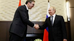 Der serbische Präsident Aleksandar Vucic und sein Amtskollege Wladimir Putin sind enge Verbündete (Archivbild). (Bild: APA/AFP/POOL/SHAMIL ZHUMATOV)
