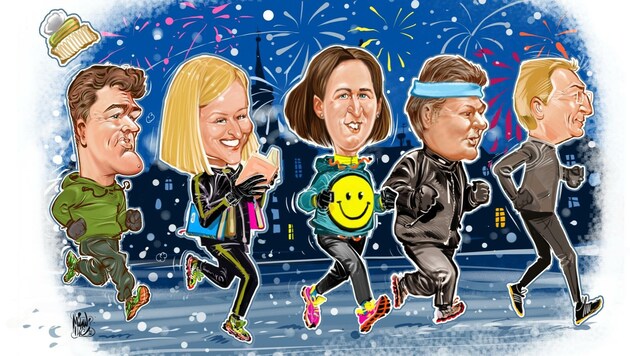 Endspurt bzw. Sprint ins neue Jahr: Unsere Karikatur zeigt die Landespolitik beim Silvesterlauf. (Bild: Ilic Milan A.)