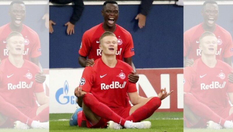 Erling Haaland (mit Patson Daka) nach einem Treffer für Salzburg in der Champions League gegen den SSC Napoli. (Bild: Andreas Tröster)