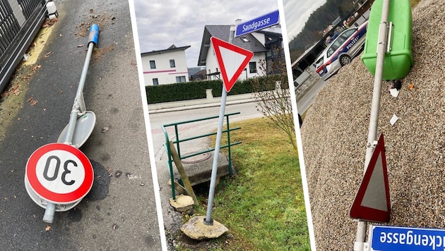 Viel Kraft mussten die Täter anwenden, um die Verkehrszeichen aus dem Boden zu reißen (Bild: Christian Schulter, Krone KREATIV)