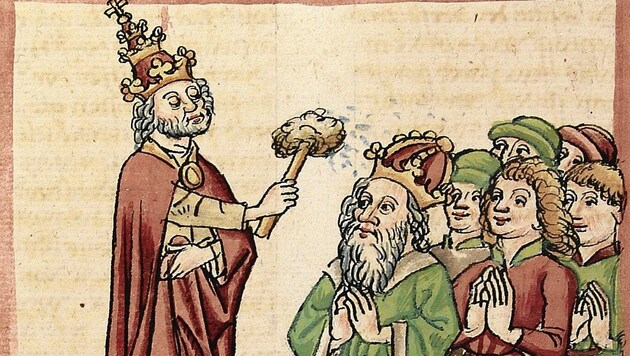 Als Dank für dessen Unterstützung krönte der erste deutschsprachige Papst der Kirchengeschichte seinen Verwandten Otto III. zum König (eine Darstellung aus der Papst-Kaiser-Chronik des Martin von Troppau um 1460). (Bild: z.V.g.)