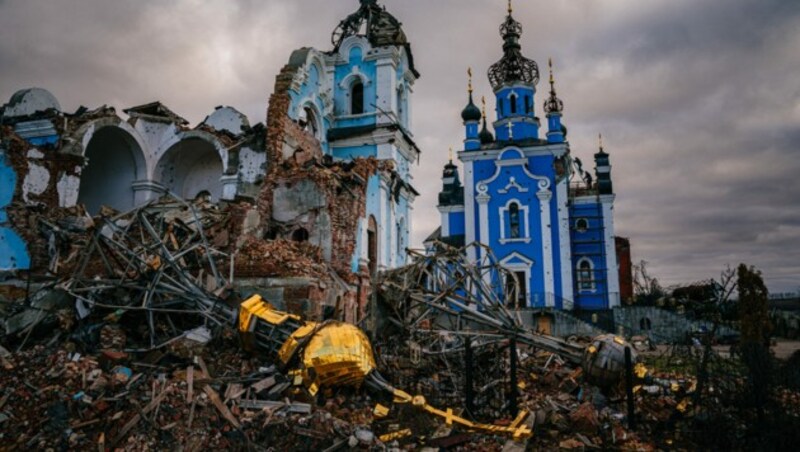 Eine zerstörte Kirche in Bohorodytschne in der Region Donzek (Bild: AFP)