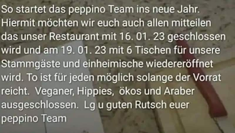 Veganer, Hippies, Ökos und Araber ausgeschlossen" schreibt Peppino-Wirt Stefan Lercher in seiner Instagram-Story. (Bild: instagram.com/peppino.millstatt)