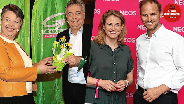 Olga Voglauer darf im Wahlkampf wieder auf Werner Kogler (links) zählen. Ebenso wie Janos Juvan auf Unterstützung durch Beate Meinl-Reisinger. (Bild: Neos, Fabian B. / Uta Rojsek-Wiedergut)