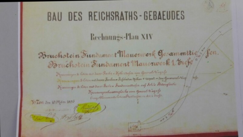 Eine Rechnung von 1876 für Bauarbeiten am Reichsraths-Gebäude (heute Parlament). Unterschrieben von Hansen und Rumpf. (Bild: Johann Rumpf)