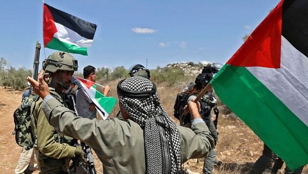 Ein Palästinenser konfrontiert einen israelischen Soldaten während einer Demonstration gegen israelische Siedlungen im Westjordanland. (Bild: APA/AFP/JAAFAR ASHTIYEH)