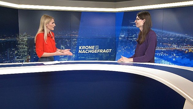 Moderatorin Jana Pasching und Mitbegründerin der „Letzten Generation“ in Österreich, Martha Krumpeck (Bild: krone.tv)