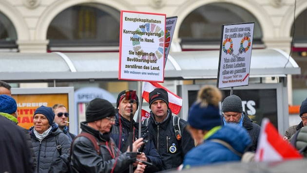 Mit Fahnen, Plakaten und Flyer marschierten die Demonstranten durch Linz. (Bild: Dostal Harald)
