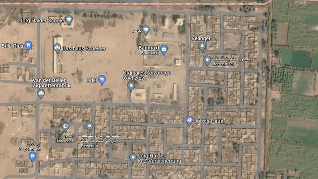 Kuriose Ziele auf Google Maps: Van-der-Bellen-Zigarettenfabrik und Jörg-Haider-Kfz-Versicherung sowie Jörg-Haider-Schule in einem Ort in Ägypten (Bild: Google Maps)