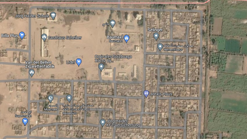 Kuriose Ziele auf Google Maps: Van-der-Bellen-Zigarettenfabrik und Jörg-Haider-Kfz-Versicherung sowie Jörg-Haider-Schule in einem Ort in Ägypten (Bild: Google Maps)