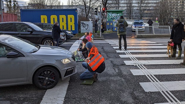 El día 4 de la semana del bloqueo, los activistas se sentaron en Schüttelstrasse.  (Imagen: Austria de última generación, Krone KREATIV)