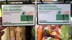 Fataler Preisvergleich: Mini-Packung Karotten versus 500 Gramm (Bild: zVg, Krone KREATIV)