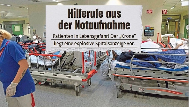 Patientenstau im Wartebereich der Notaufnahme in der Klinik Ottakring. Passiert ist seit der "Krone“-Schlagzeile von Dezember nichts. (Bild: Krone KREATIV,zVg (Hintergrundbild). "Krone" (Ausriss))