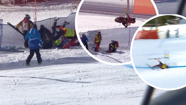 Erst war der Kanadier James Crawford (re.) zu Sturz gekommen, wenig später krachte der Südtiroler Christof Innerhofer (li.) ins Fangnetz. Giovanni Franzoni (Mitte) musste mit dem Helikopter abtransportiert werden. (Bild: Screenshot ORF)