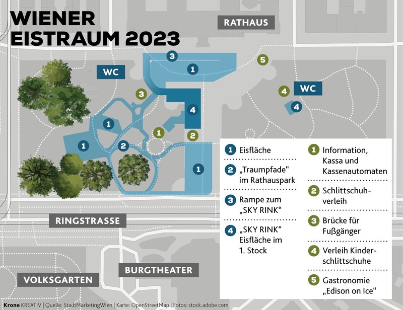 2023 konzentriert sich das Geschehen beim Wiener Eistraum vor allem auf die Fläche links vom Rathaus. (Bild: stock.adobe.com, Krone KREATIV)