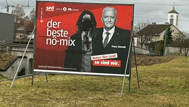 Bei fast allen Plakaten wurden das Gesicht von Stadtchefin Kerstin Suchan-Mayr besprüht und ihr Name unkenntlich gemacht. In dem Fall wurde auch noch großes ein schwarzes Kreuz angebracht (Bild: ZVG)