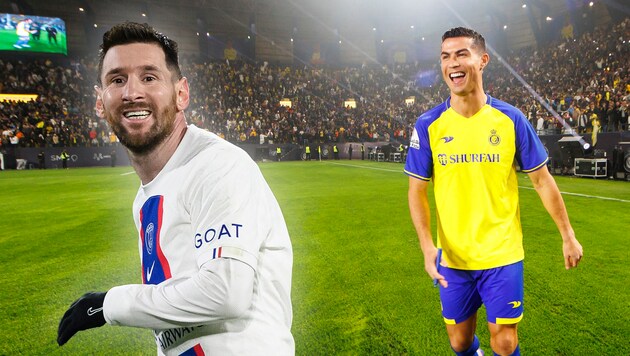 Lionel Messi (l.) und Cristiano Ronaldo (Bild: APA/AFP/LOIC VENANCE/Al Nassr Football Club/Jorge Ferrari)