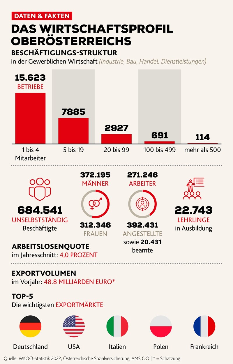 Mehr Angestellte als Arbeiter, viele Betriebe mit wenigen Mitarbeitern: Das sind nur zwei der Merkmale der Wirtschaft in Oberösterreich. (Bild: stock.adobe.com, Krone KREATIV)