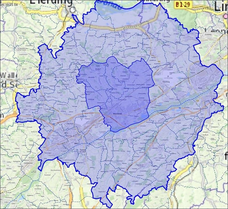 Schutz- und Überwachungszonen nach dem neuerlichen Geflügelpest-Auftritt: Der stark umrandete innere Bereich stellt die Schutzzone dar, der äußere Bereich stellt die Überwachungszone dar.   (Bild: Land OÖ, zVg)