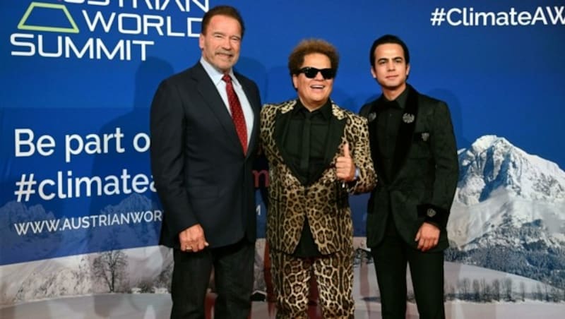 Arnold Schwarzenegger und Künstler Romero Britto mit Begleitung (Bild: APA/BARBARA GINDL)