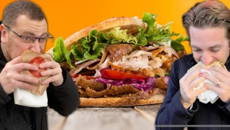 Die „Krone“ suchte den besten Kebap in Österreich. Biss für Biss kämpften sich die beiden Redakteure durch. (Bild: Wiesmeyer/Dworak, Stockfoto)