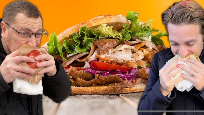 Die „Krone“ suchte den besten Kebap in Österreich. Biss für Biss kämpften sich die beiden Redakteure durch. (Bild: Krone KREATIV/Peter Wiesmeyer, Stock.adobe.com)