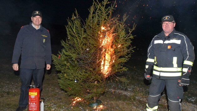 Stefan Schaub (links) zeigt, wie schnell ein trockener Baum brennt (Bild: Wolfgang Zarl)