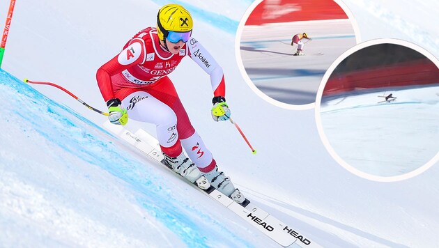 Nina Ortlieb und Sofia Goggia kamen in Cortina zu Sturz. (Bild: GEPA, Screenshot ORF)