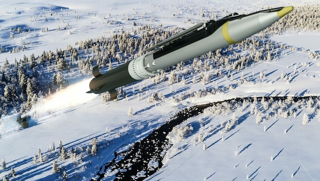 Eine GLSDB („ground launched small diameter bomb“) als Computeranimation in der Startphase (Bild: Saab)