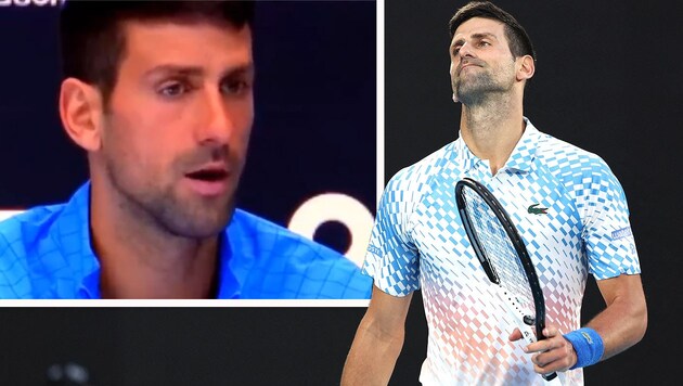 Novak Djokovic hat offenbar vergessen, dass Stefanos Tsitsipas sein Gegner im Finale der French Open 2021 war. (Bild: APA/AFP/Martin KEEP, twitter.com/CourtsMag)