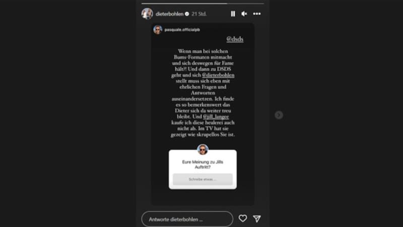 Dieter Bohlen postete als Antwort auf die Vorwürfe von Jill Lange ein Kommentar eines Fans in seiner Instagram-Story. (Bild: instagram.com/dieterbohlen)