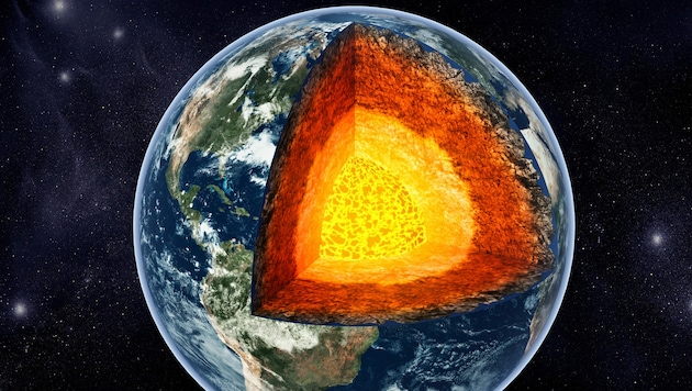 Der innere Kern der Erde, eine heiße Eisenkugel (hellgelb), soll aufgehört haben, in die gleiche Richtung zu rotieren wie der Rest des Planeten. (Bild: stock.adobe.com)