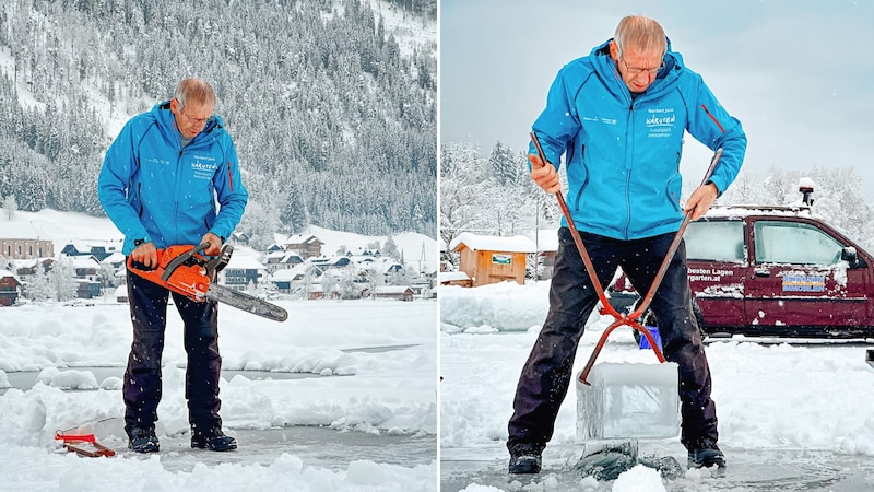 Ice master Norbert Jank checks the ice thickness (Bild: Hannes Wallner)