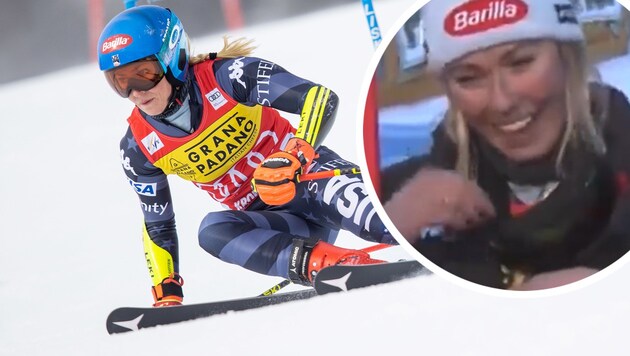 Mikaela Shiffrin schmunzelt über den Übersetzungsfehler von Peter Brunner. (Bild: GEPA, Screenshot ORF)