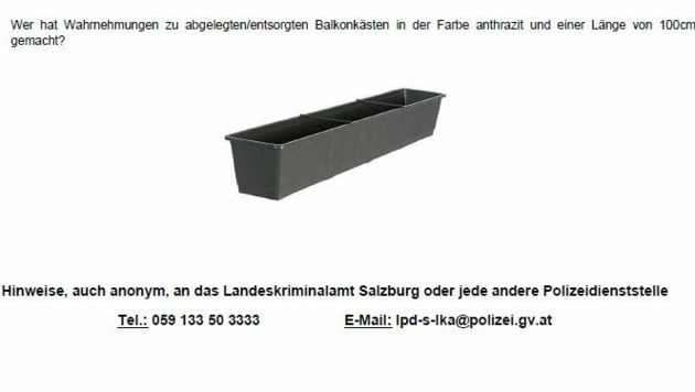 Zwei solcher Balkonkästen soll das Opfer am 2. Jänner gekauft haben. Die Polizei bittet auch bei diesem Detail um Hinweise aus der Bevölkerung. (Bild: LPD Salzburg)