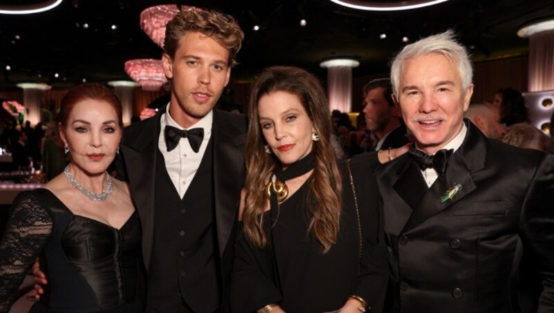 Priscilla Presley, Austin Butler, Lisa Marie Presley und Baz Luhrmann während der 80. Golden Globe Awards (Bild: ED / Camera Press / picturedesk.com)