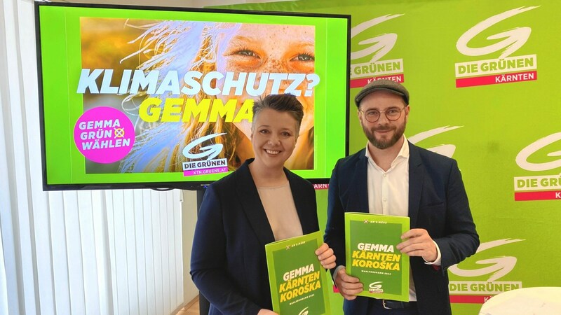 Spitzenkandidatin Olga Voglauer und Listenzweiter Christoph Gräfling präsentierten das Wahlprogramm der Grünen. (Bild: Felix Justich)