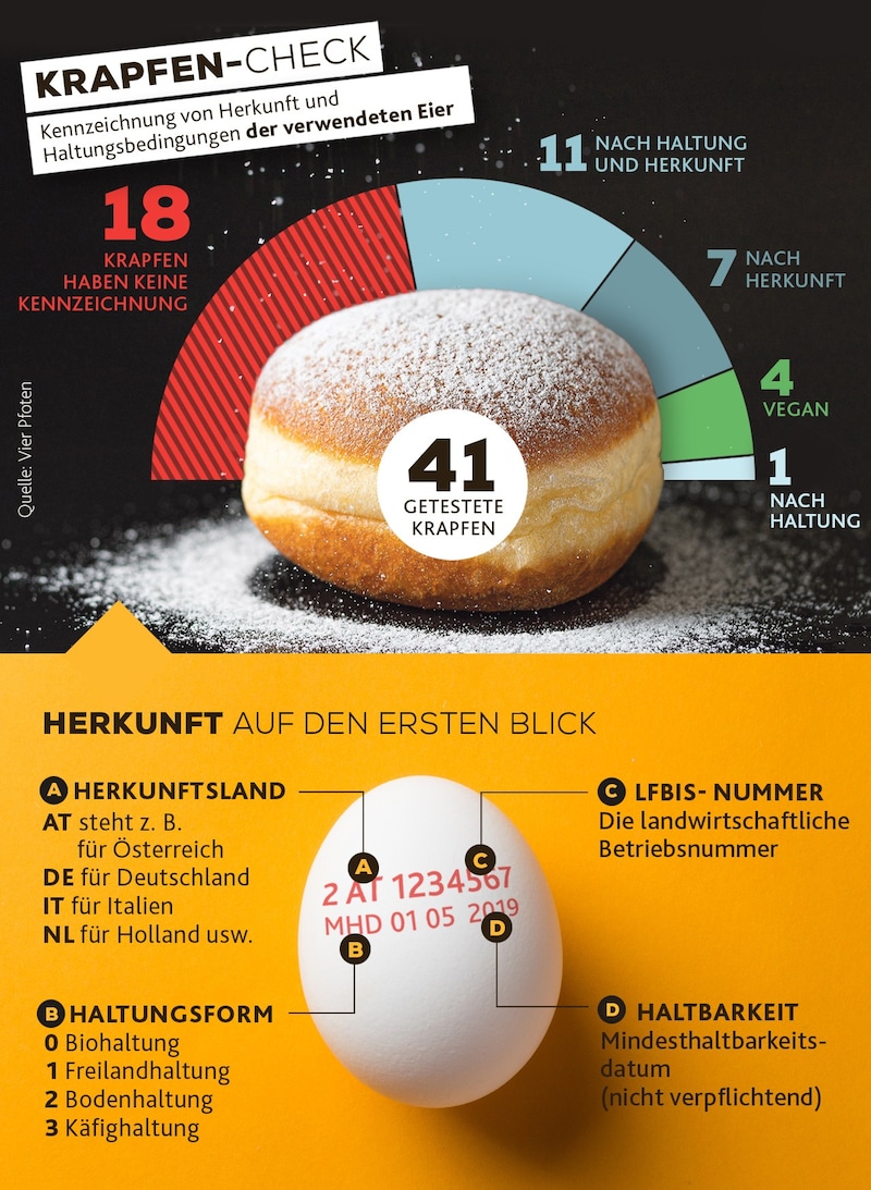 Knapp die Hälfte der getesteten Krapfen in sieben heimischen Supermärkten waren gar nicht gekennzeichnet. Unsere Grafik zeigt auch, worüber die verpflichtende Kennzeichnung bei Eiern informiert. (Bild: stock.adobe, Krone KREATIV)