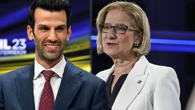 Laut einer Umfrage der SPÖ hat die FPÖ unter Udo Landbauer Johanna Mikl-Leitners ÖVP aktuell überholt. (Bild: APA/HELMUT FOHRINGER, APA/TOBIAS STEINMAURER, Krone KREATIV)