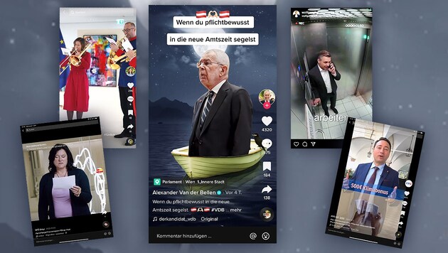 So präsentieren sich die Politiker auf TikTok und Instagram. (Bild: Screenshot TikTok, Screenshot Instagram, Krone KREATIV)