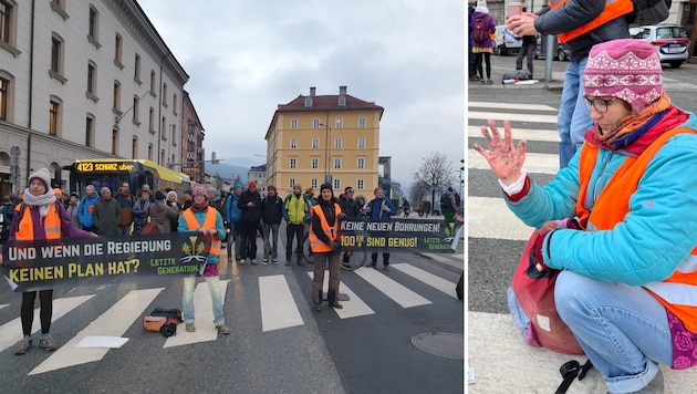 Protestkundgebung in Innsbruck auf der Herzog-Otto-Straße. Manche klebten sich auch fest. (Bild: Letzte Generation Österreich, zeitungsfoto.at)