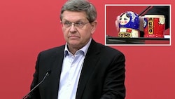 SPÖ-Bundesgeschäftsführer Christian Deutsch veranschaulichte mittels einer mitgebrachten Matroschka-Puppe die unterschiedlichen „Schichten“ der FPÖ. (Bild: Screenshot facebook.com/Sozialdemokratie, Krone KREATIV)