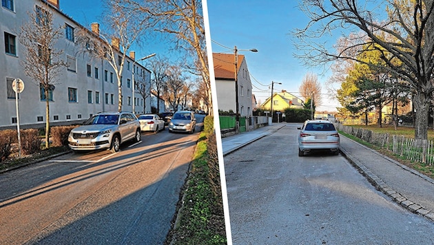 In der Skraupstraße kennzeichnen Bodenmarkierungen Abstellflächen (li.). In der Preßburger Gasse gibt es solche nicht (re.). (Bild: privat, Krone KREATIV)