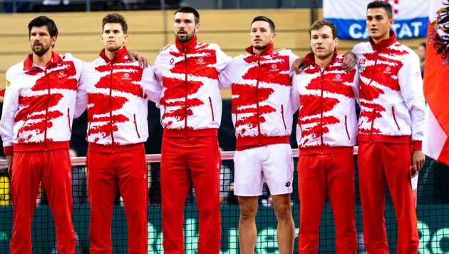 Davis-Cup-Kapitän Jürgen Melzer (li.), Dominic Thiem, Jurij Rodionov, Dennis Novak, Lucas Miedler und Alexander Erler (Bild: GEPA)