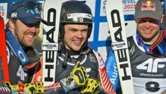 Die glücklichen Super-G-Medaillengewinner: James Crawford (Gold, Mitte), Aleksander Aamodt Kilde (Silber, links), Alexis Pinturault (Bronze, rechts) (Bild: APA/AFP/Lionel BONAVENTURE)