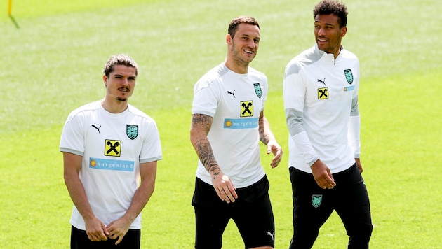 Marcel Sabitzer, Marko Arnautovic und Karim Onisiwo (von li. nach re.) (Bild: GEPA pictures)