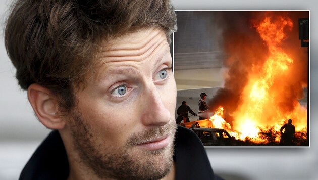 Romain Grosjean crashte 2020 in Bahrain schwer. (Bild: APA/AFP/POOL/Bryn Lennon/EPA/DIEGO AZUBEL)