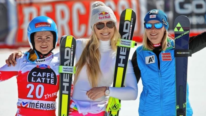 In Meribel wurde die heute 41-Jährige (l.) im Jahr 2015 Zweite hinter Lindsey Vonn und vor Nici Hosp. (Bild: Christof Birbaumer/Kronenzeitung)