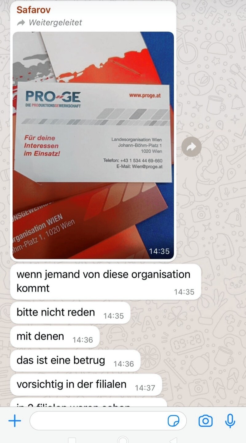 „Warnung“ per WhatsApp-Chat (Bild: PRO-GE)