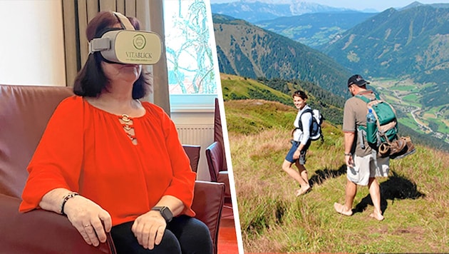 Mit der VR-Brille wandert Jutta Weber virtuell auf die Riesneralm. (Bild: Krone KREATIV,Michael Jakl, Petz)